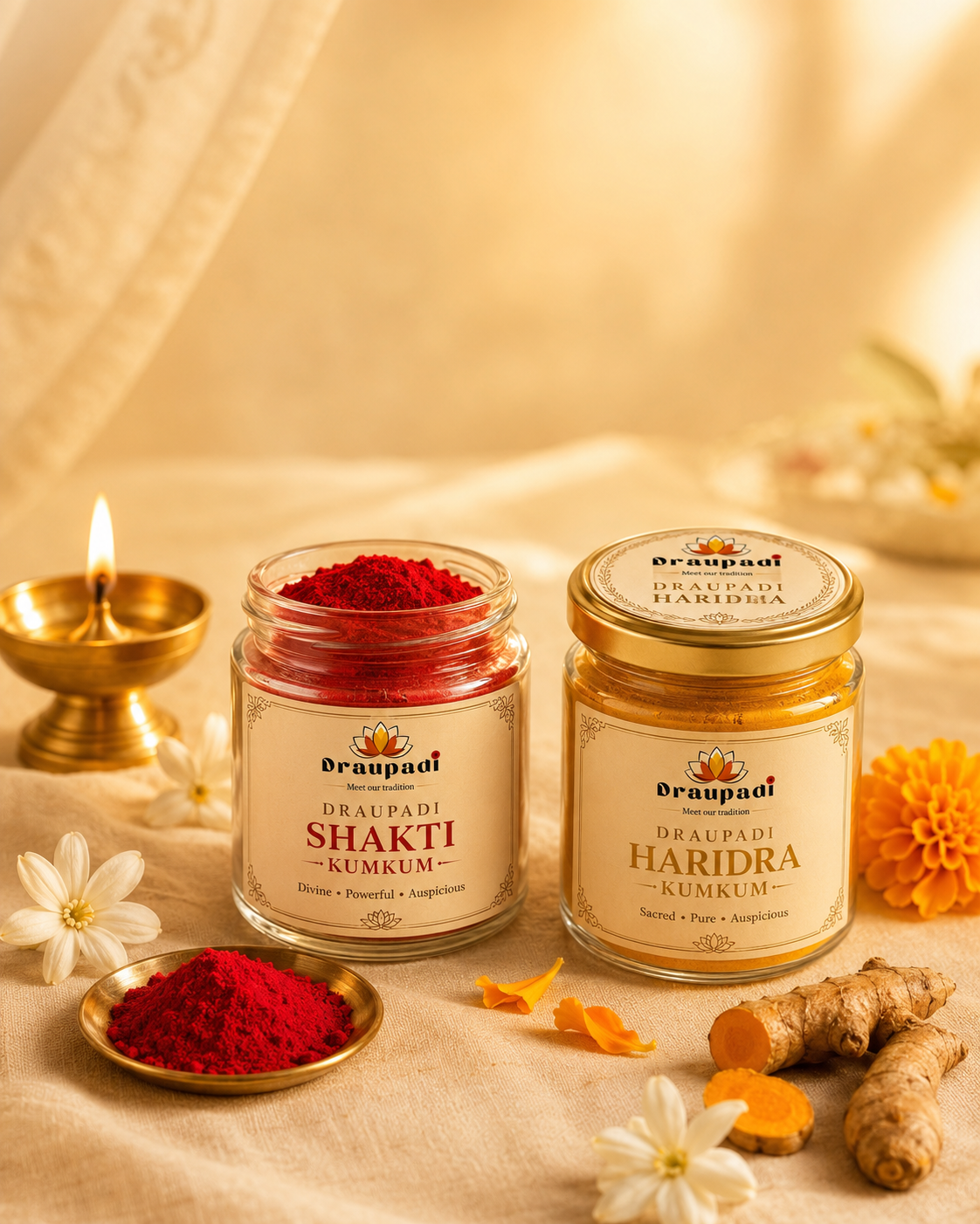 Draupadi Shakti Kumkum and Haridra jars with a lit brass diya, jasmine and marigold